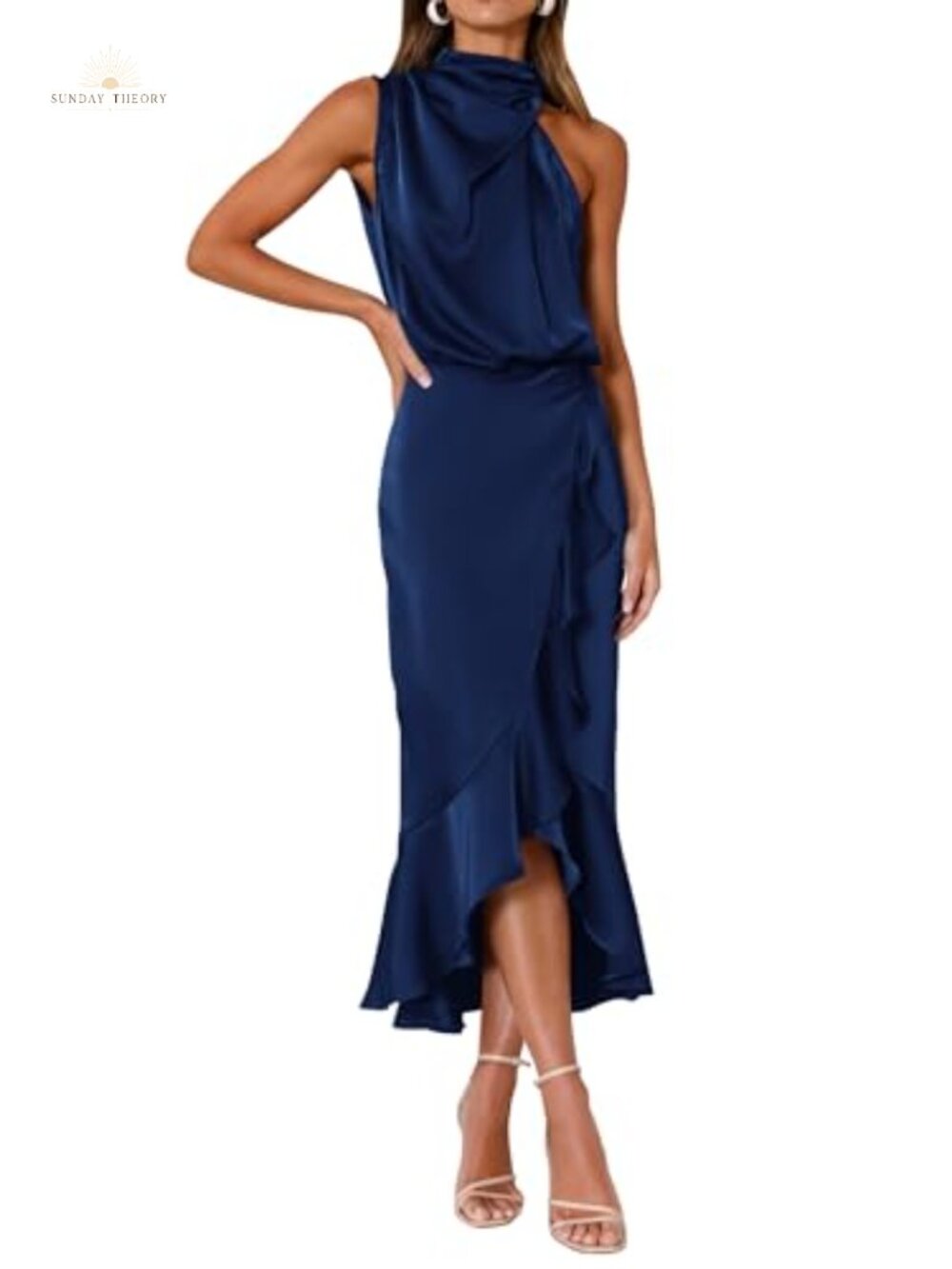 Satin Mock Neck Sleeveless Wrap Maxi Dress Wedding Guest